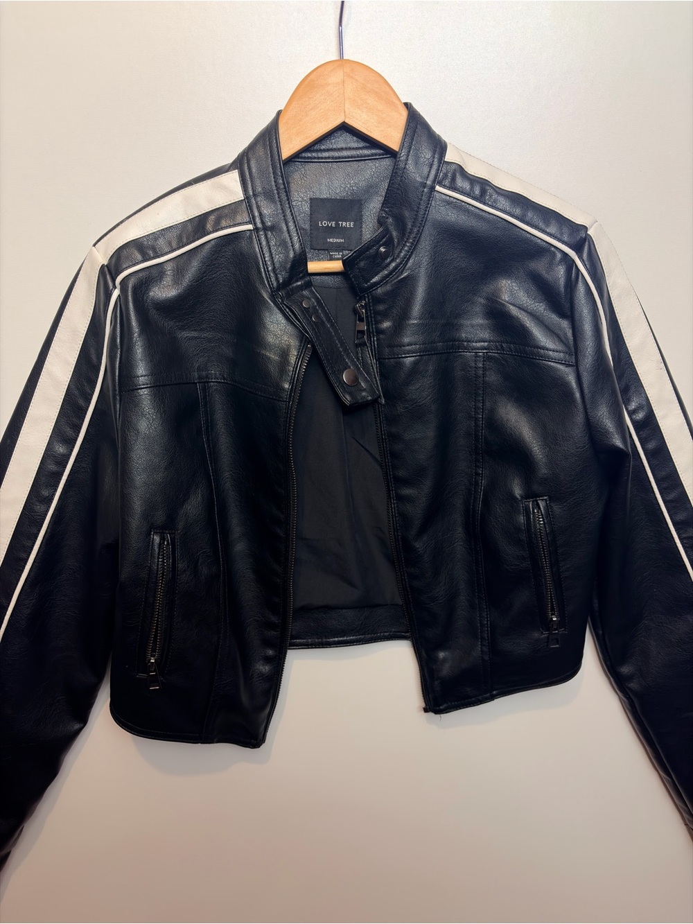 Love Tree Black Leather Jacket with White Shoulder Stripes